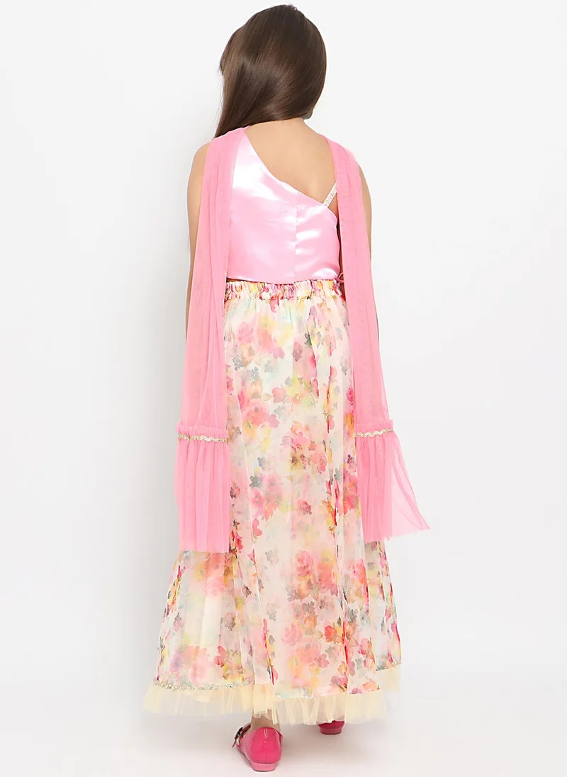 نوتيناتي طقم ليجنجا بطبعات زهور شامل مع شولي بكتف واحد مزين بالترتر ودوباتا شبكية للبنات